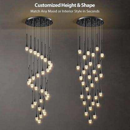 Raindrop Crystal Chandelier High Ceiling: 30 Lights Black Dimmable LED With Remote Control - Large Long Modern Bubble Hanging Teardrop Spiral Chandeliers for Living Room Staircase Entryway Foyer