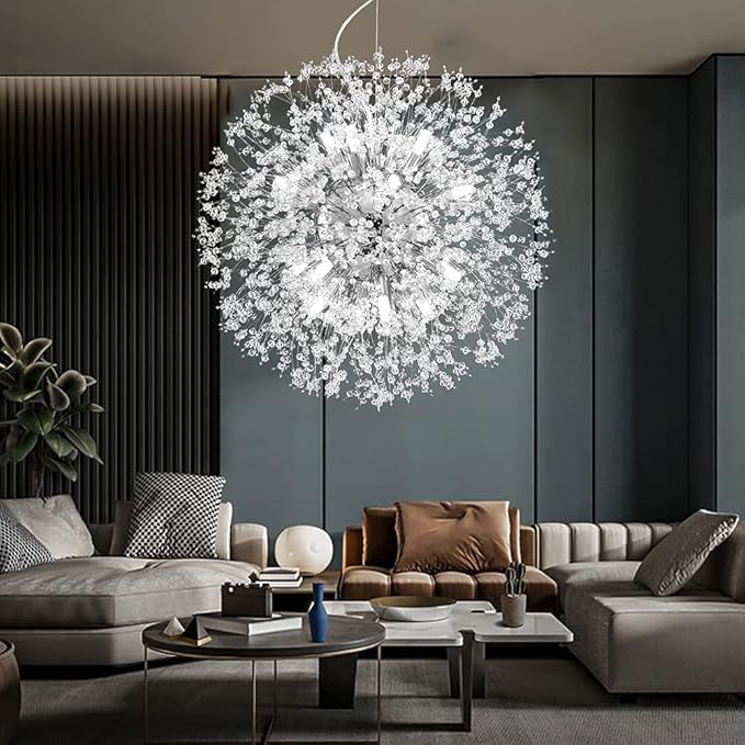 Modern Crystal Chandeliers 16-Light Chrome Dandelion Light Fixture,Firework Chandelier,Personalized Ceiling Hanging Lighting for Living Room,Dining Room,Kitchen,Bedroom Chandelier
