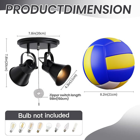 2-Light Black Track Lighting with Pull Chain, Industrial Adjustable Pull Chain Light Fixture Round Ceiling Light, Modern Flush Mount for Kitchen, Hallway, Dining Room