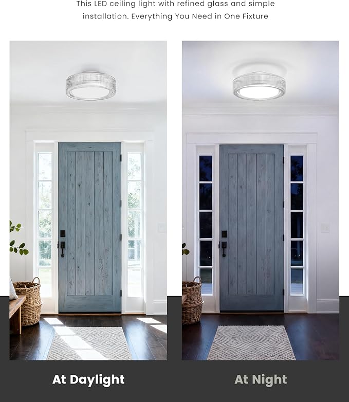 FEMILA LED Ceiling Light Fixture, 12" Flush Mount Ceiling Light with Ribbed Glass, for Kitchen, Hallway, Bedroom, 6500K Daylight White, 4FSE104F WH