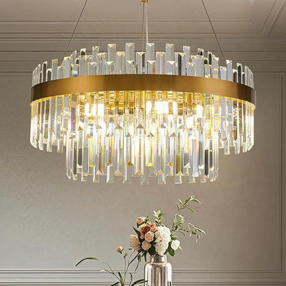 Modern Gold Crystal Chandelier, 9-Light 2-Tier Round Brushed Gold Raindrop Adjustable Flush Mount Pendant Light, E12 Base for Dining Room Living Room Foyer Entryway - 23.6" D