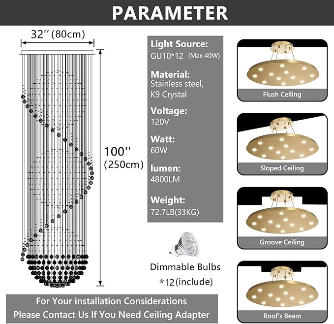 D32'' x H100'' Crystal Chandelier for Entryway High Ceiling Chandeliers Glam Chandelier Modern Large Raindrop Chandeliers LED Dimmable Light Fixtures for Staircaes Foyer Living Room Gold