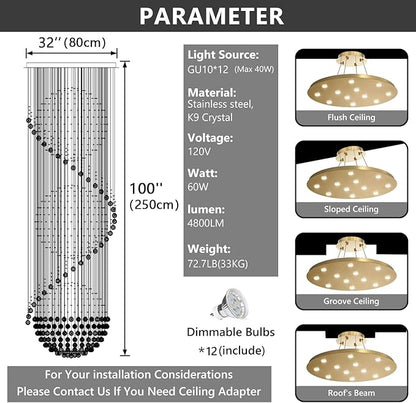 D32'' x H100'' Crystal Chandelier for Entryway High Ceiling Chandeliers Glam Chandelier Modern Large Raindrop Chandeliers LED Dimmable Light Fixtures for Staircaes Foyer Living Room Gold