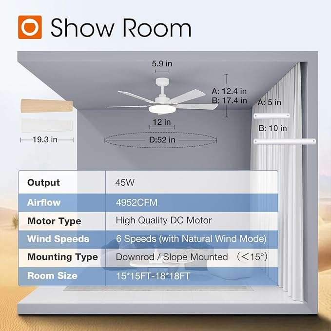 addlon Ceiling Fans with Lights, 52 inch White Ceiling fan with Light and Remote Control, Reversible, 3CCT, Dimmable, Noiseless, Small Ceiling Fan for Bedroom, Farmhouse, Indoor/Outdoor Use