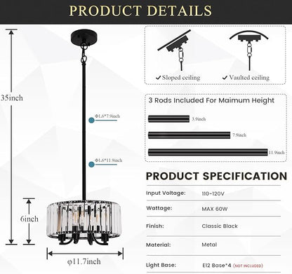 Black Crystal Chandelier, 4-Light Small Modern Semi Flush Mount Ceiling Chandelier Light Fixtures,Round Hanging Lighting Fixture for Bedroom Living Room Kitchen Hallway Entryway, E12 Base, 11.6 Inch
