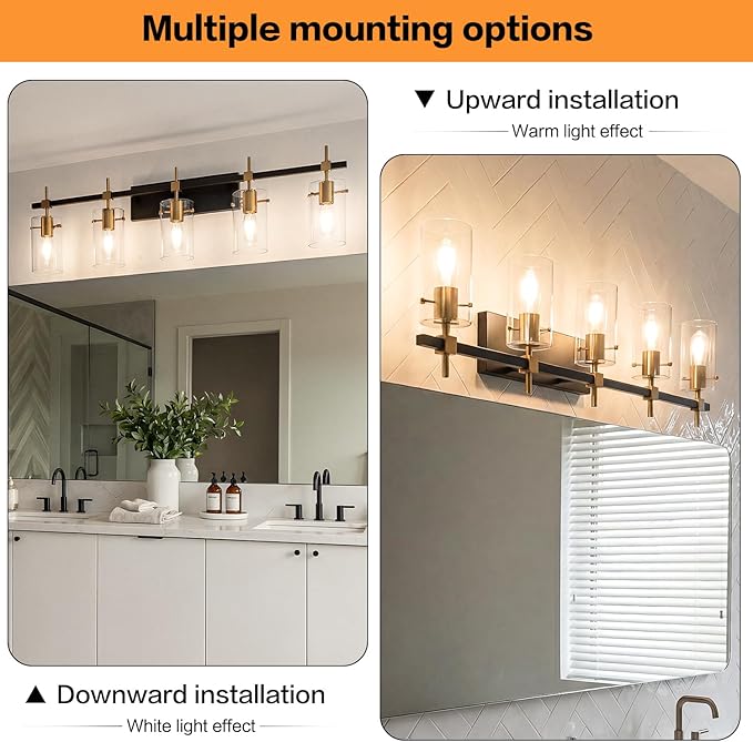 SOLFART 40.1 inch Vintage Brass Bathroom Vanity Light fixtures Bathroom Wall Lights Over Mirror with Glass Shade 5 Light
