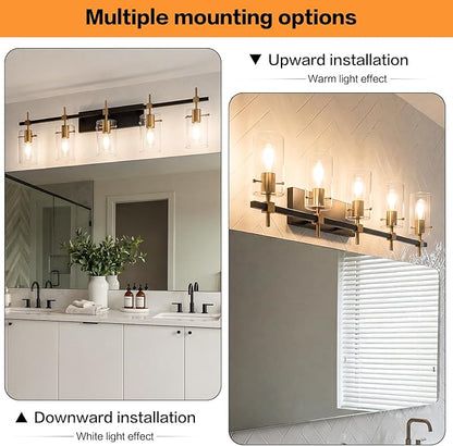 SOLFART 40.1 inch Vintage Brass Bathroom Vanity Light fixtures Bathroom Wall Lights Over Mirror with Glass Shade 5 Light
