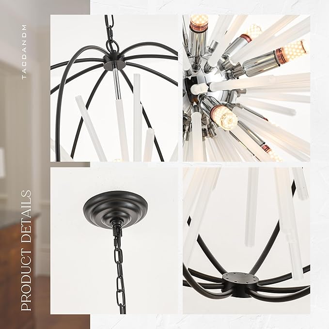 31.5" Black Chrome Large Globe Sputnik Chandelier, 12-Light Mid Century Modern Glass Tube Satellite Light Fixture for High Ceiling Living Room Dining Room Entryway Stairway, E12