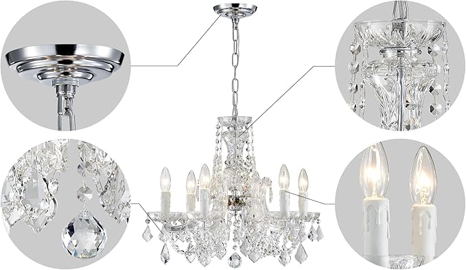 AGV LIGHTING Modern Chandelier Light Fixture, Crystal Pendant Raindrop Chandelier, Maria Theresa Silver Crystals Chandelier with 6-Lights, D20 X H18, Adjustable Chain Max 39"