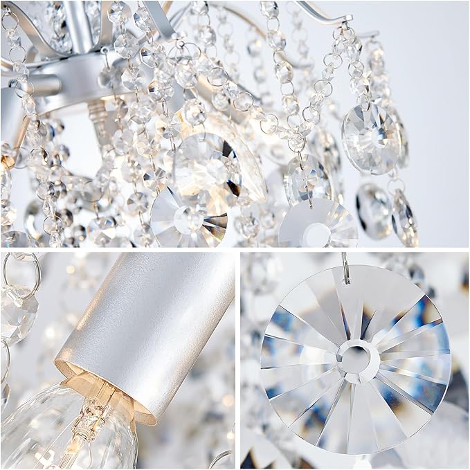 WUZUPS 5-Light Crystal Chandelier Pendant Ceiling Light Modern Lighting Fixture for Bedroom Hallway Bar Kitchen Bathroom, H 20.3" W17.1, E12 Base, Silver