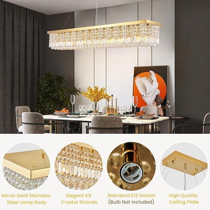 Siljoy Rectangular Gold Crystal Chandelier, 13-Light Modern Rectangle K9 Crystal Raindrop Chandelier, Luxury Dimmable Crystal Ceiling Light for Dining Room Living Room Kitchen Island L59''