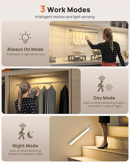 16inch Under Cabinet Lighting Wireless, Rechargeable Motion Sensor Light Indoor, Closet Lights with Remote, 3 Color Temps & Dimmable, Magnetic Under Counter Lights for Kitchen, Stairs, Pantry, 5 Pack