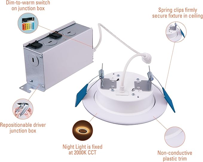 HALO RL 4 inch Recessed LED Canless Night Light Downlight, 750 Lumens, Selectable 2700K-5000K CCT with Dim to Warm, 2-Mode Toggle Switch for Nursery, Bathroom, Matte White - RLNL4079FSD2W1EWHDM