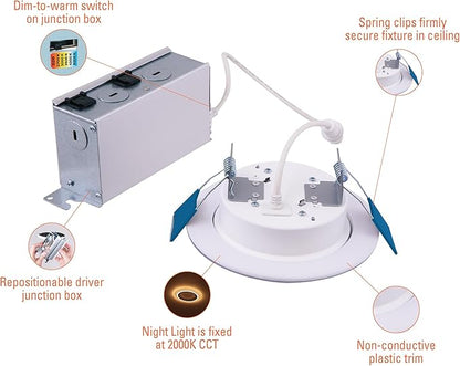 HALO RL 4 inch Recessed LED Canless Night Light Downlight, 750 Lumens, Selectable 2700K-5000K CCT with Dim to Warm, 2-Mode Toggle Switch for Nursery, Bathroom, Matte White - RLNL4079FSD2W1EWHDM