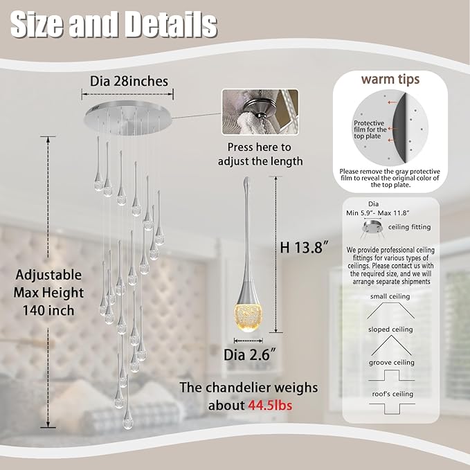 ykolupty H138 Modern Chandelier for High Ceiling 26-Lights Chrome Raindrop Chandeliers Crystal Pendant Light Fixture Large Chandelier for Staircase Foyer Villa Dimmable LED Hanging Light