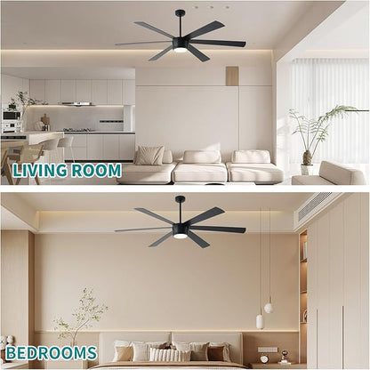 SHOWDI Ceiling Fan with Lights and Remote, 6 Blade App Control Timer Reversible Stepless Brightness and Color Temperature Outdoor Wood Ceiling Fan with Lights (Black, 72 Inch)