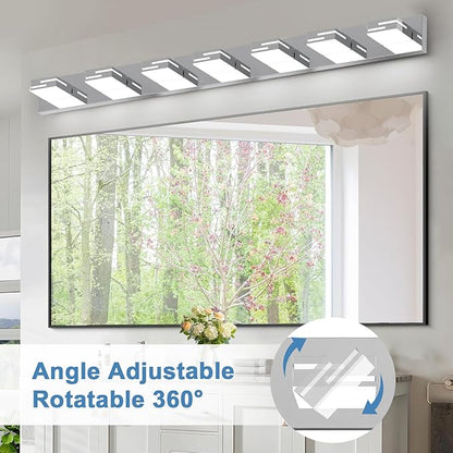 LED Modern Bathroom Vanity Light Fixtures, 7-Light 48-inch Dimmable Chrome Vanity Lights for Bathroom Lighting Fixtures Over Mirror, with 360° Rotatable Heads (Cool White 6000K)