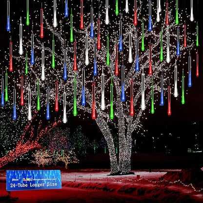 Kwaiffeo Icicle Lights Outdoor, 24 Tubes(Equivalent to Pack of 3 8-Tube) Meteor Shower Lights for Xmas Halloween Decorations Yard Party Tree, Multi Color(Purple Blue Green White)