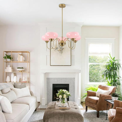 BOKT Pink Sputnik Chandelier Gold 5-Lights Semi Flush Mount Ceiling Light Pink Globe Chandelier Pendant Lighting Vintage Large Pendant Light Farmhouse Industrial Hanging Ceiling Light