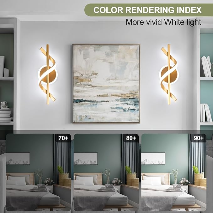 EIDISUNY 2 Pack LED Wall Sconces Indoor, 12W LED Wall Mount Lights, Modern Spiral Wall Lamp, 6000K Cold Light Fixture for Stairs, Living Room, Bedroom, Aisle, Hallway (Cold White, Gold)