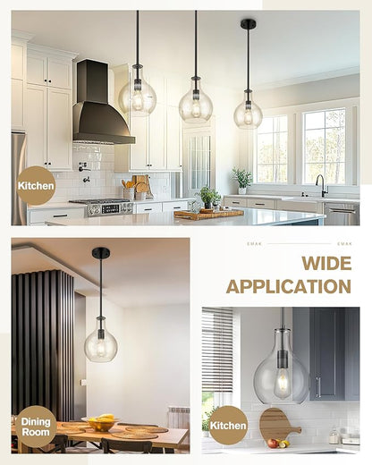 Emak 2 Pack Pendant Lights Kitchen Island, 8 Inch Black Pendant Light Fixtures with Clear Glass, Modern Farmhouse Hanging Lights for Kitchen, Bathroom, Bedroom, Dining Room, PL125-BK-2PK