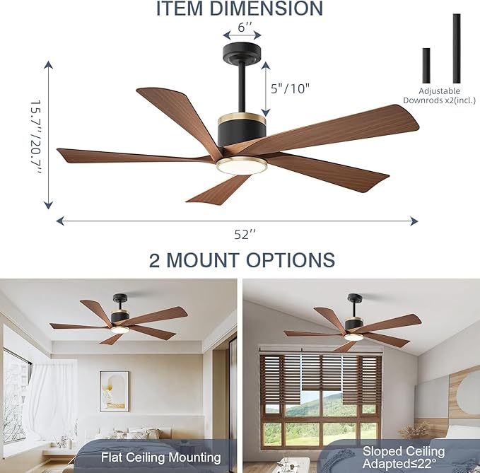 TXCSLY 52'' Ceiling Fans with Lights, Modern Ceiling Fan with Remote Control, Indoor Outdoor Ceiling Fan for Living Room,Bedroom 5 Blade 3 Color Tempearture (Walnut)