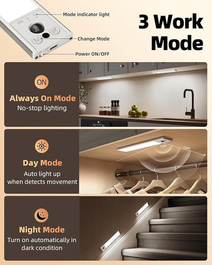 EZVALO 12inch Under Cabinet Lighting, LED Motion Sensor Light Indoor, 3100mAh USB Rechargeable Closet Lights, Dimmable & Magnetic Wireless Under Counter Lights for Kitchen, Pantry, Stairs (2 Pack)