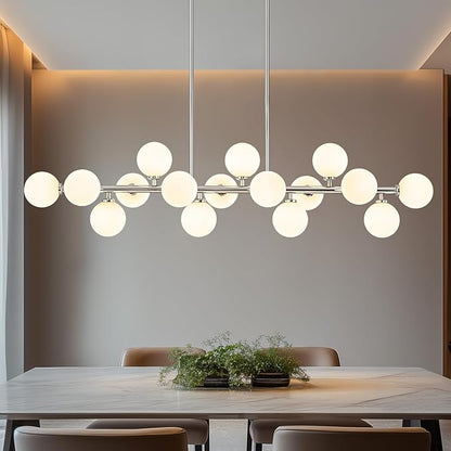 55" Long Chandeliers for Dining Room Kitchen Island, Large Globe Sputnik Linear Chandelier, 16 Lights Mid Century Modern Light Fixture Over Table, Chrome and Milk White Bubble, GC-08
