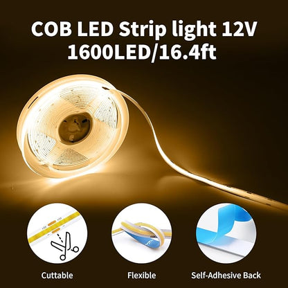 16.4FT/5M COB Led Strip Lights, Warm White 3000K LED Tape Lights, 640 LEDs/M CRI 93+ Flexible Dimmable Self Adhesive Lights Strip for Bedroom, Mirror, Kitchen, Indoor Decor (No Plug)