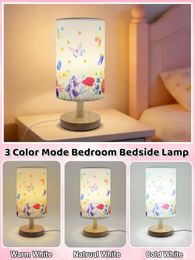 Butterfly Flower Kids Table Lamp for Bedroom Girls Bedside Lamps-3 Way Dimmable Wood Base Nightstand Nightlight with Butterflies Pattern Lampshade for Boy Girls Room Home Decor,Butterfly Gift for Girl