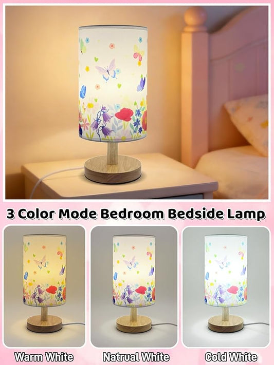 Butterfly Flower Kids Table Lamp for Bedroom Girls Bedside Lamps-3 Way Dimmable Wood Base Nightstand Nightlight with Butterflies Pattern Lampshade for Boy Girls Room Home Decor,Butterfly Gift for Girl