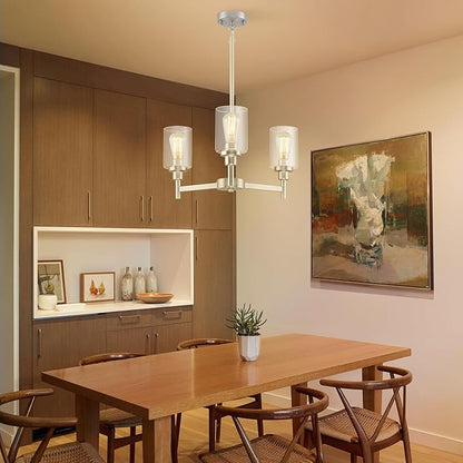 LIGHTDAMY 3 Lights Brushed Nickel Chandeliers for Dining Room Light Fixture Over Table, Entryway Chandelier for Foyer, Hallway Lighting Fixtures with Glass Shade for Kitchen Island Foyer Hallway