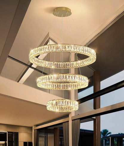 HAIXIANG Modern Glam Chandelier Crystal LED Remote Rings Chandelier Adjustable Hanging Ceilings Pendant Lights Fixture Gold 16"+24"+32" Rings Lighting