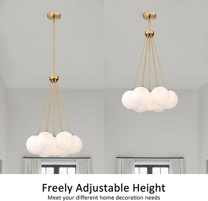 Modern Globe Chandelier Milky Glass Shade Gold Sputnik Ceiling Light Fixture, Mid Century Bubble Dining Room Pendant Light, Hanging Island Light for Kitchen Bedroom Entryway Over Table