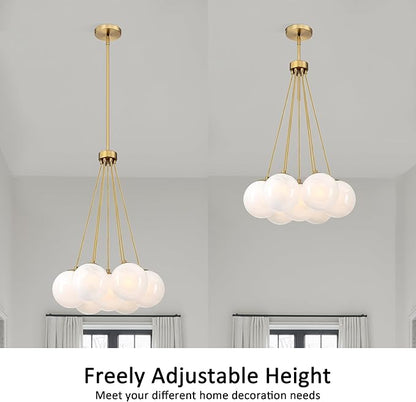 Modern Globe Chandelier Milky Glass Shade Gold Sputnik Ceiling Light Fixture, Mid Century Bubble Dining Room Pendant Light, Hanging Island Light for Kitchen Bedroom Entryway Over Table