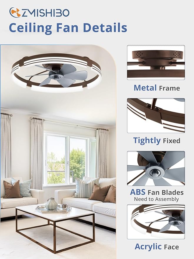 ZMISHIBO 24 Inch Low Profile Ceiling Fans with Lights and Remote, 3000K-6000K Dimmable Fandelier LED Fan Light, Flush Mount Ceiling Fan with Light, 6 Wind Speeds Ceiling Fans for Bedroom- Brown