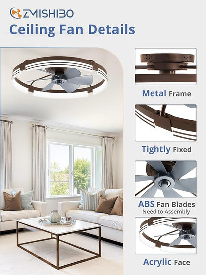 ZMISHIBO 24 Inch Low Profile Ceiling Fans with Lights and Remote, 3000K-6000K Dimmable Fandelier LED Fan Light, Flush Mount Ceiling Fan with Light, 6 Wind Speeds Ceiling Fans for Bedroom- Brown