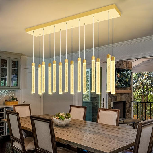 Modern Rectangular Crystal Chandelier for Dining Room LED Dimmable Crystal Column Pendant Light for Kitchen Island Entrance Foyer Living Room Adjustable Height 14-Lights Gold