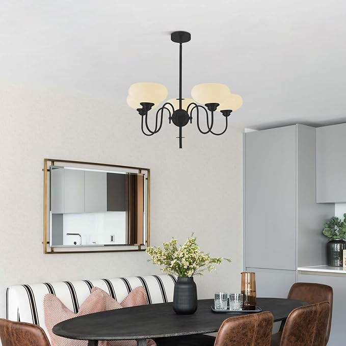 BOKT Black Chandelier for Bedroom, Modern Milk White Bowl Chandelier for Living Room, Adjustable 5 Light Farmhouse Chandeliers with Extension Rods