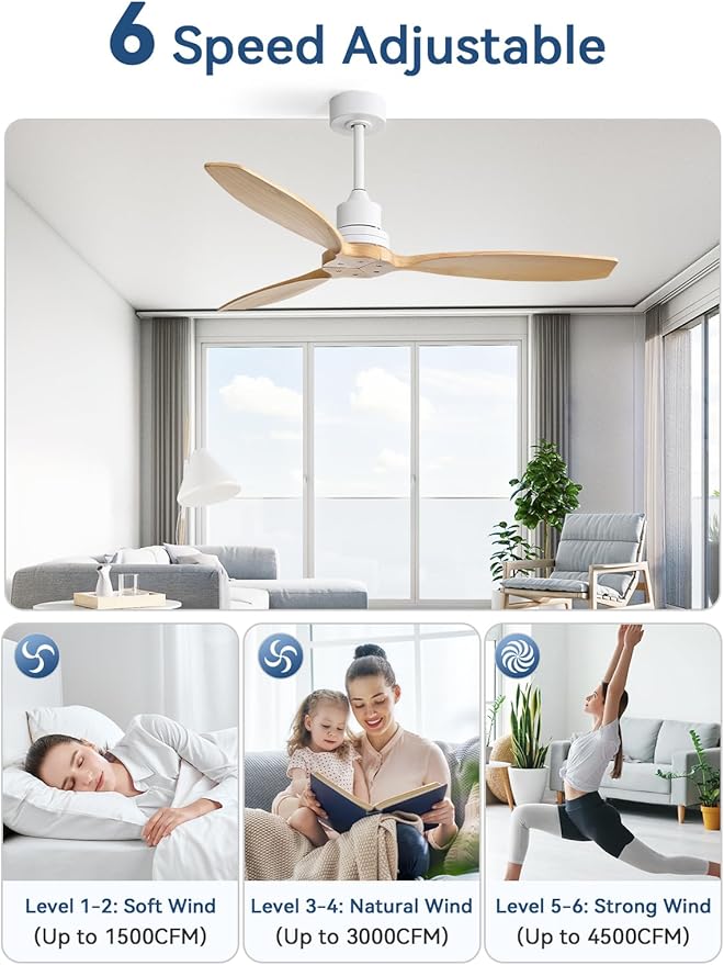 Sofucor 52 Inch Ceiling Fan no Lights, Quiet 6-Speed 3 Blades Modern Wood Ceiling Fan with Remote, for Indoor Bedroom Living Room Outdoor Patio Porch