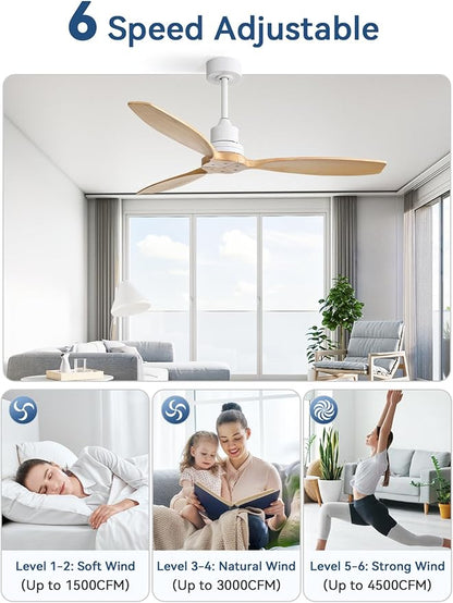 Sofucor 52 Inch Ceiling Fan no Lights, Quiet 6-Speed 3 Blades Modern Wood Ceiling Fan with Remote, for Indoor Bedroom Living Room Outdoor Patio Porch