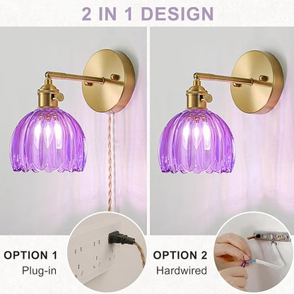 Plug in Wall Sconces Set of 2, Vintage Wall Sconce Light with Tulip Purple Glass Lampshade, Bedroom Wall Sconce with Switch and Plug in wall lamp Cord, Gold Wall Light Wall Decor Set of 2