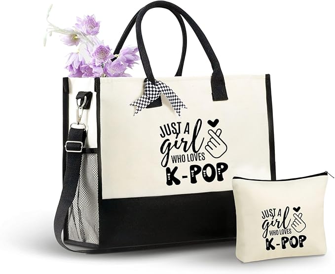 InnoBeta Kpop Gifts Canvas Tote Bag, Kpop Gifts for Teen Girl Kpop Lovers, Kpop Merch Stuff, Koren Tote Bag with Top Zipper Closure and Shoulder Strap for Birthday, Christmas