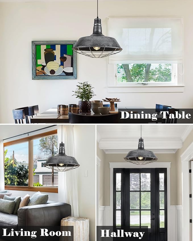 Large Pendant Lights Kitchen Island 1 Pack, 18.1 Inch Oversized Industrial Pendant Light, Black and Silver Barn Pendant Light with Wire Cage, Farmhouse Pendant Lights for Kitchen Barn