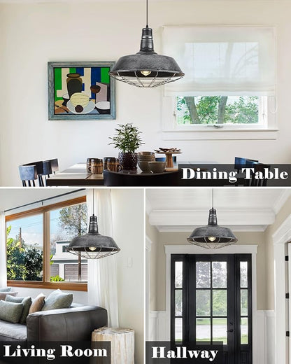 Large Pendant Lights Kitchen Island 1 Pack, 18.1 Inch Oversized Industrial Pendant Light, Black and Silver Barn Pendant Light with Wire Cage, Farmhouse Pendant Lights for Kitchen Barn