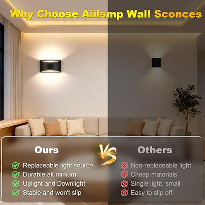 Black Modern LED Wall Sconce Hardwired Indoor Wall Lights Set of 2 Up and Down Wall Mount Light Warm White 3000K for Bedroom Living Room Bathroom Hallway Entryway Stairwell (with G9 Bulbs)