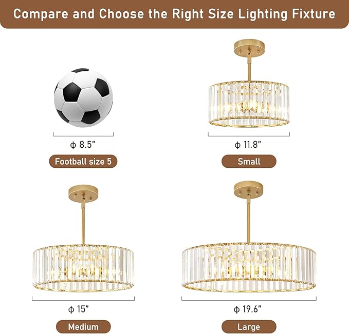 YURNYQ Gold Crystal Chandelier for Dining Room, 4-Light Modern Semi Flush Mount Chandelier Lighting Fixtures, Round Kitchen Hanging Drum Pendant Lights Ceiling for Bedroom Entryway Foyer, 15 Inch