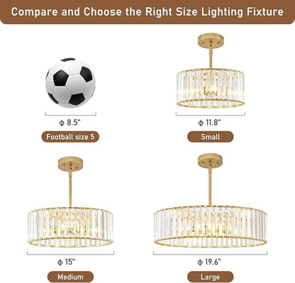 YURNYQ Gold Crystal Chandelier for Dining Room, 6-Light Modern Semi Flush Mount Chandelier Lighting Fixtures, Round Kitchen Hanging Drum Pendant Lights Ceiling for Living Room Bedroom Foyer, 19.6 Inch