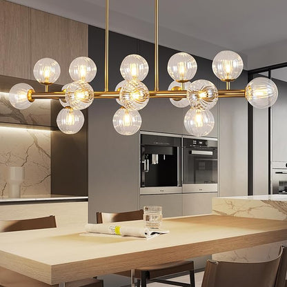 Gold Linear Rectangle Chandelier Modern Chandelier Glass Pendant Light Fixture Adjustable for Dining Living Room Kitchen Island 16-Light