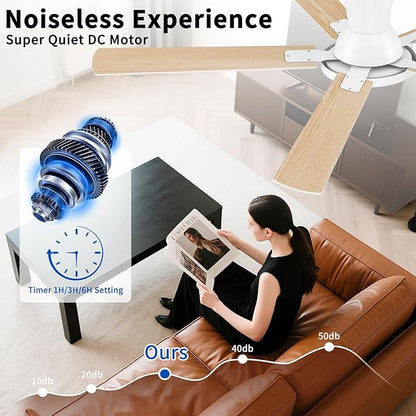 60 Inch White Ceiling Fans with Lights and Remote, Flush Mount Low Profile 5 Blades Ceiling Fan with 10 Inch Lighting Fixture, Quiet Reversible DC Motor for Living Room, Bedroom and Patio
